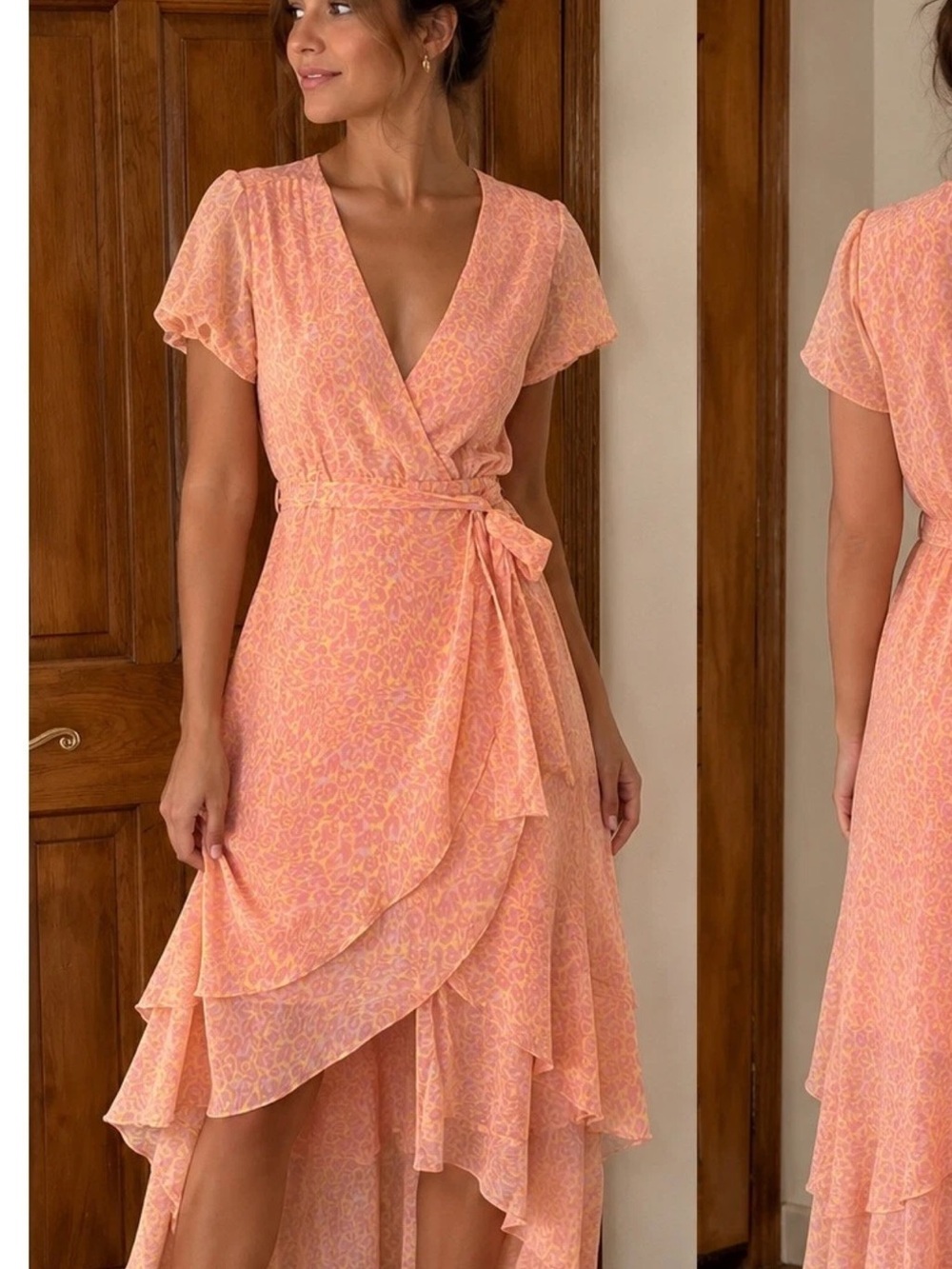 Betsey Johnson Pink Yellow cheetah Wrap Dress High Low Ruffle Tiered Size 8